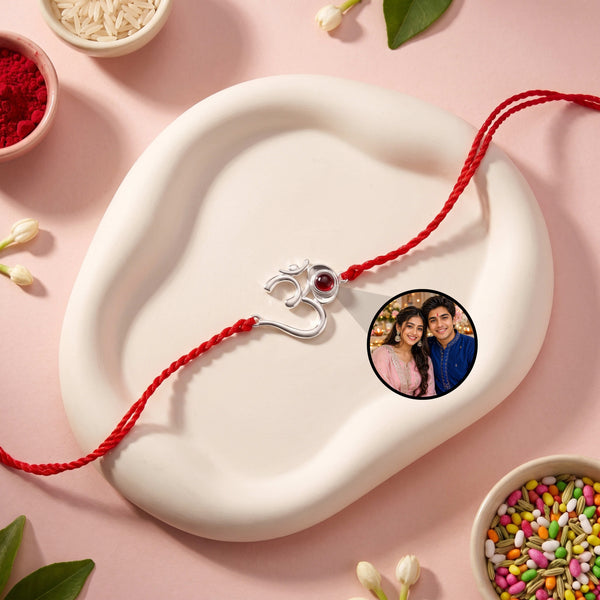925 Silver OM With Red thread Photo Projection Rakhi with Free Rakhi Hamper