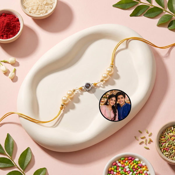 Elegant Gold Bead Photo Projection Rakhi