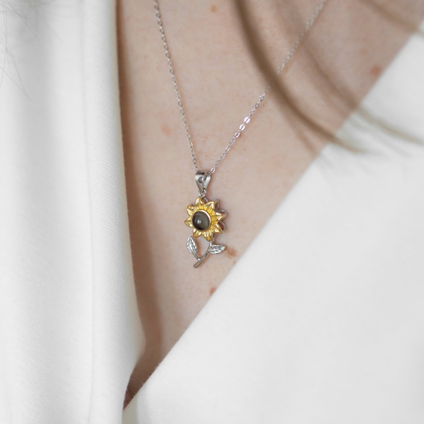 925 Sterling Silver Sunflower Color Photo Necklace - Photo Jewels