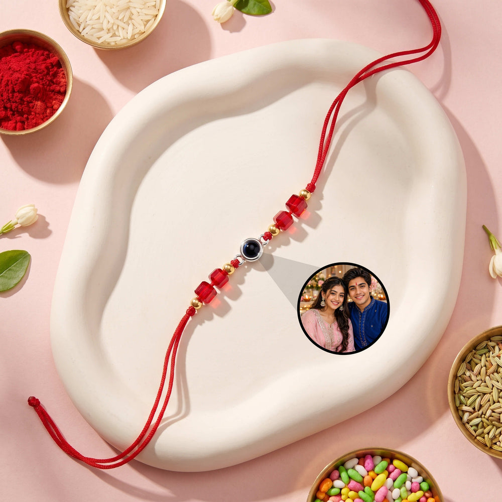 Red Ruby & Gold Beads Photo Projection Rakhi