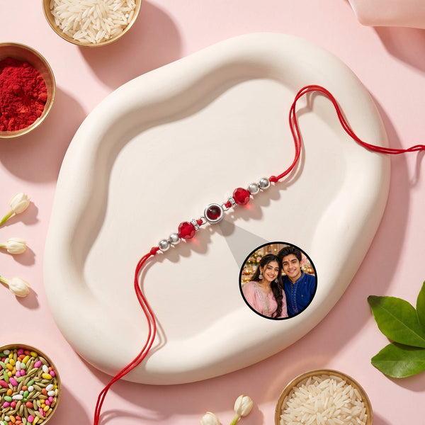 Red Ruby & Silver Beads Photo Projection Rakhi