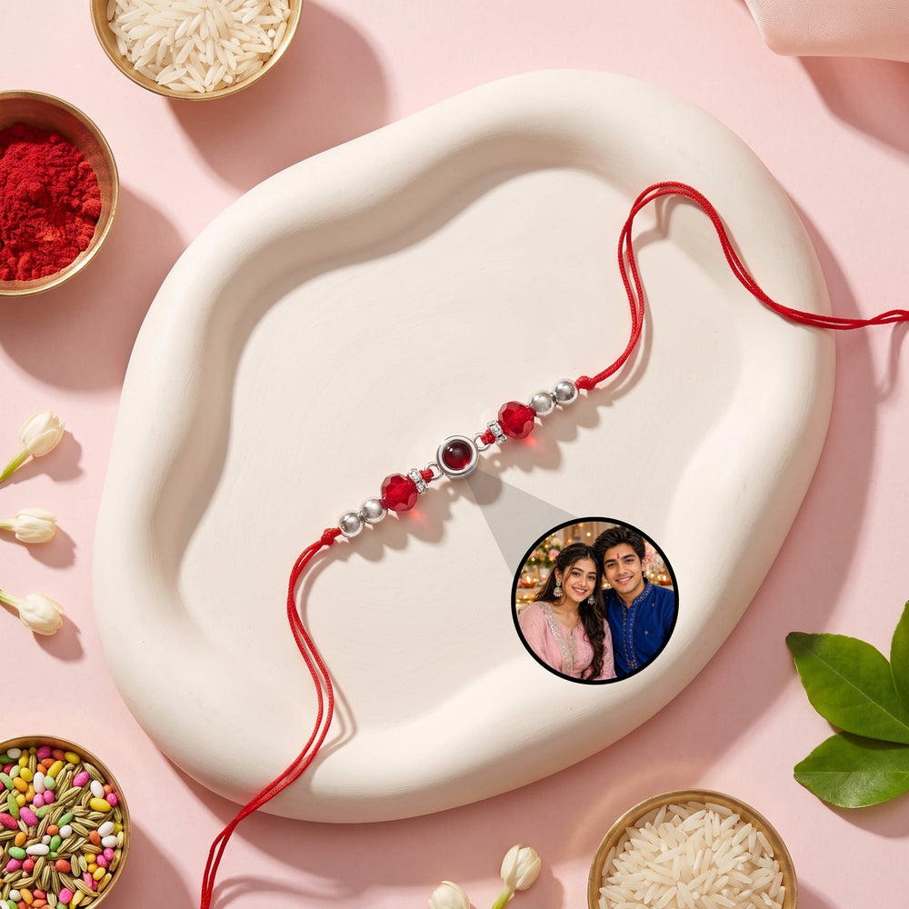 Red Ruby & Silver Beads Photo Projection Rakhi